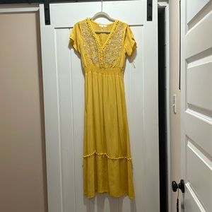 Womens Small Yellow Maxi Dress with White Floral Embroidery and V Neck
